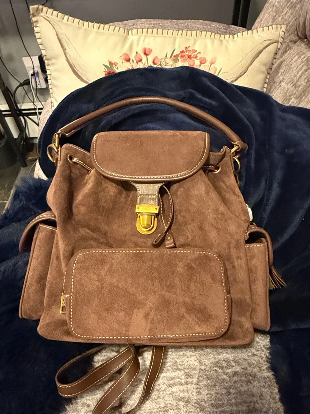 Steve Madden Brown Suede Backpack with Gold Hardware